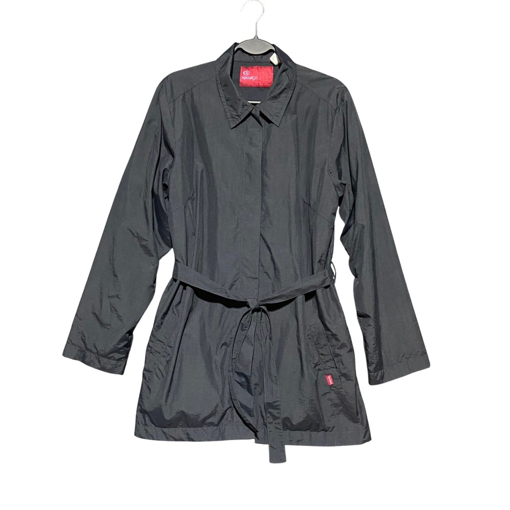 VTG Rip Curl Girl Black Trench Coat Nylon Techwear Gorpcore Utility Jacket L Y2K